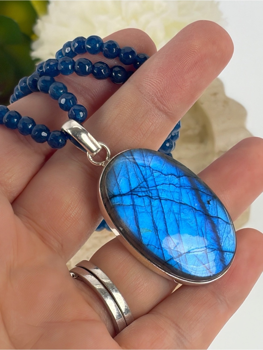 Pure Sterling Silver 925 Blue Labradorite Pendant Kyanite Necklace Oval Handmade